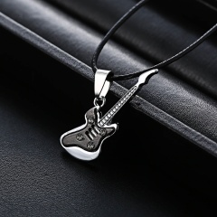 Fashion Stainless Steel Cool Guitar Pendant Necklace Women Men Leather Chain HOT Black
