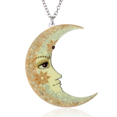 Women Fashion Printing Flower Moon Sun Pendant Necklace Sweater Chain Gift Moon