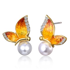 1 Pair Painting Oil Butterfly Pearl Earrings Jewelry Yellow