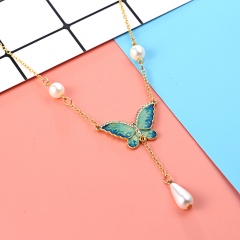 New Fashion Crystal Pearl butterfly Pendant Chain Necklace Women Jewelry Party New Blue