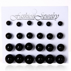 12Pairs/Lot Simple resin ball imitation pearl earrings / 6mm, 8mm, 10mm, 11mm Black