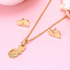 Fashion Stainless Steel Animal Gold Earrings Necklace Jewelry Set Cat