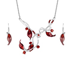 Alloy Leaf Shape Neckalce and Earring Silver Plated Set Fashion Jewelry Set Wholesale Red