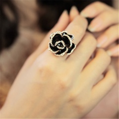 Women Crystal Rose Flower Black Knuckle Ring Midi Finger Tip Rings Set adjustable- rose