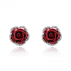 1 Pair Full Diamond Crystal Rose Flower Ear Earrings Red