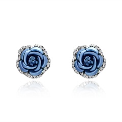 1 Pair Full Diamond Crystal Rose Flower Ear Earrings Light Blue