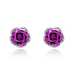 1 Pair Full Diamond Crystal Rose Flower Ear Earrings Rose Red