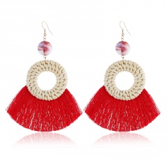 Red Circle Hollow Bamboo and Rattan Straw Tassel Earrings red