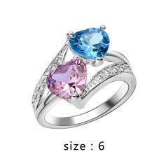 Glamour Double Heart Color Rhinestone Fashion Ring Wedding Jewelry 6-Blue Pink