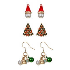 3 Pairs Women Christmas Earrings Crystal Pearl Bell Hat Tree Ear Stud Dangle 3 Pairs