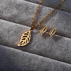 Fashion Stainless Steel Women Leaf Hollow Out Necklace Earrings Stud Jewelry Set Leaf