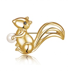 Gold Crystal Imitation Pearl Pig Rabbit Cat Brooch for Women Jewelry Rhinestone Animal Brooches Pin Collar Corsage Pet Badges Gift Squirrel