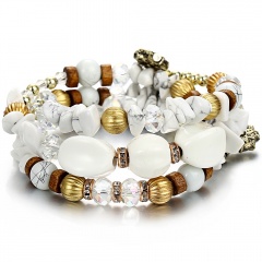 Turquoise Gemstone Beads Multi Layer Elastic Beaded Bracelet White