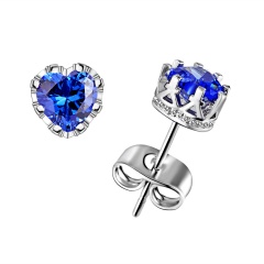 2021 New Heart Shaped Zircon Crown Stud Earrings Fashion Jewelry Dark blue