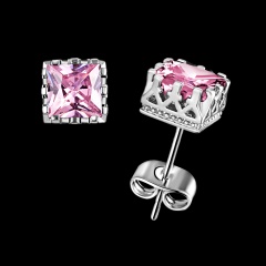 Square Zircon Crown Stud Earrings For Women Pink