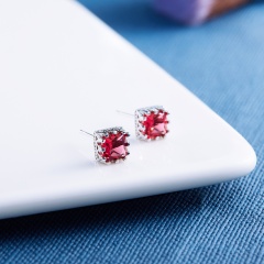 Square Zircon Crown Stud Earrings For Women Red
