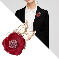Handmade Cloth Lace Alloy Pearl Rhinestones Fabric Flower Brooch Cardigan Sweater Crystal Brooch Red