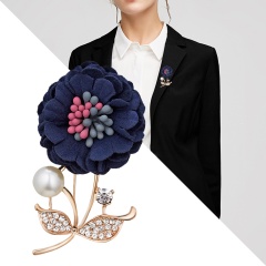 Handmade Cloth Lace Pearl Rhinestones Fabric Flower Brooch Cardigan Sweater Crystal Brooch Dark blue