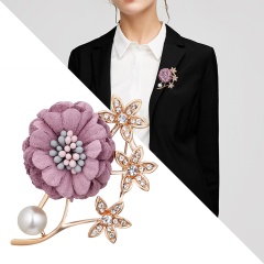 Handmade Cloth Lace Pearl Rhinestones Fabric Flower Brooch Cardigan Sweater Crystal Brooch Purple