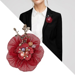 Handmade Cloth Lace Pearl Rhinestones Fabric Flower Brooch Cardigan Sweater Crystal Brooch Red