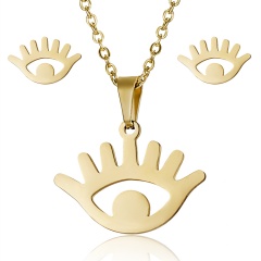Gold Stainless Steel Necklace Earring Set Eye