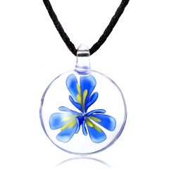 Handmade Lampwork Murano Glass Round Flower Pendant Necklace Dark Blue