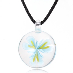 Handmade Lampwork Murano Glass Round Flower Pendant Necklace Blue