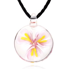 Handmade Lampwork Murano Glass Round Flower Pendant Necklace Pink