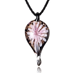 Hot Gold Foil Heart Flower Lampwork Glass Pendant Necklace Women Jewelry Pink