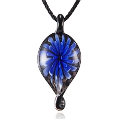 Hot Gold Foil Heart Flower Lampwork Glass Pendant Necklace Women Jewelry Dark Blue