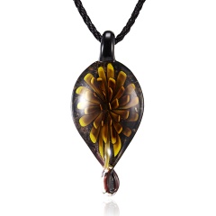 Hot Gold Foil Heart Flower Lampwork Glass Pendant Necklace Women Jewelry Brown