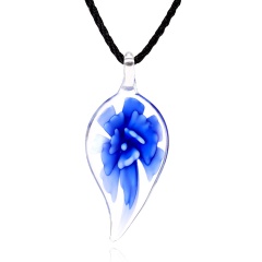 New Fashion Gold Foil Heart Flower Lampwork Glass Pendant Necklace Women Jewelry Dark Blue