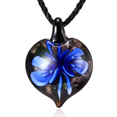 New Lampwork Glass Heart Drop Inside Pendant Necklace Women Jewelry Gifts Dark Blue