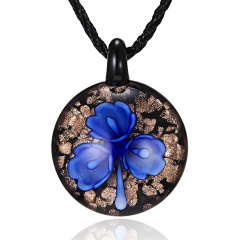 Round Gold Foil Heart Flower Lampwork Glass Pendant Necklace Women Jewelry Dark Blue