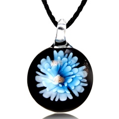 Gold Foil Heart Flower Lampwork Glass Pendant Necklace Women Fashion Gift Blue