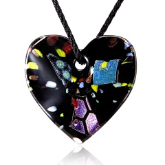 New Gold Foil Heart Flower Lampwork Glass Pendant Necklace Women Jewelry Black