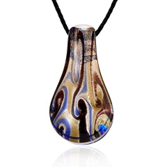Gold Foil Drop  Lampwork Glass Murano Pendant Necklace Dark Blue