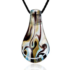 Gold Foil Drop  Lampwork Glass Murano Pendant Necklace Light Blue