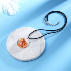 Handmade Lampwork Murano Glass Round Flower Pendant Necklace Orange