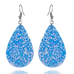 1 Pair Boho Women Leaf Waterdrop Leather Earrings Lady Sequin Dangle Jewelry blue