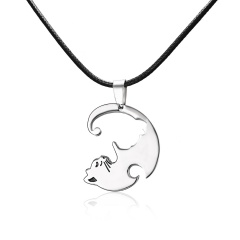 Fashion Cut Stainless Steel Cat Pendant Necklace Leather Chain Jewelry Silver