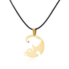 Fashion Cut Stainless Steel Cat Pendant Necklace Leather Chain Jewelry Gold
