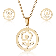Fashion Stainless Steel Gold Earrings Necklace Jewelry Set Mother's Day Gift Hot Rose flower