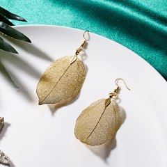 Fashion Bohemian Long Earrings Unique Natural Real Leaf Big Earrings For Women Jewelry Gift gold