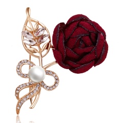Elegant Handmade Pearl Rhinestone Fabric Flower Brooch Pins Cute Romantic CZ Female Brooch Women Wedding Party Jewelry Wholesale Red