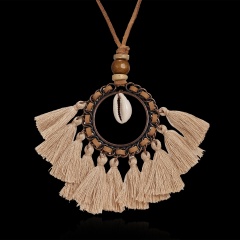 Women Boho Tassel Leather Rope Pendant Necklace Sweater Long Chain Jewelry Gift Khaki