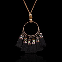 Women Boho Tassel Leather Rope Pendant Necklace Sweater Long Chain Jewelry Gift Black