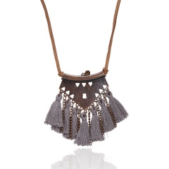 Women Boho Tassel Leather Rope Pendant Necklace Sweater Long Chain Jewelry Gift Gray