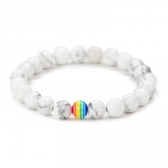 8mm Gemstone Beads With Rainbow Bead Elastic Bracelet White Turquoise