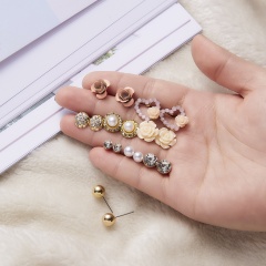 9Pairs/Set Cute Flower Heart Pearl Crystal Stud Earrings for Women Girl Jewelry Flower Stud Earring